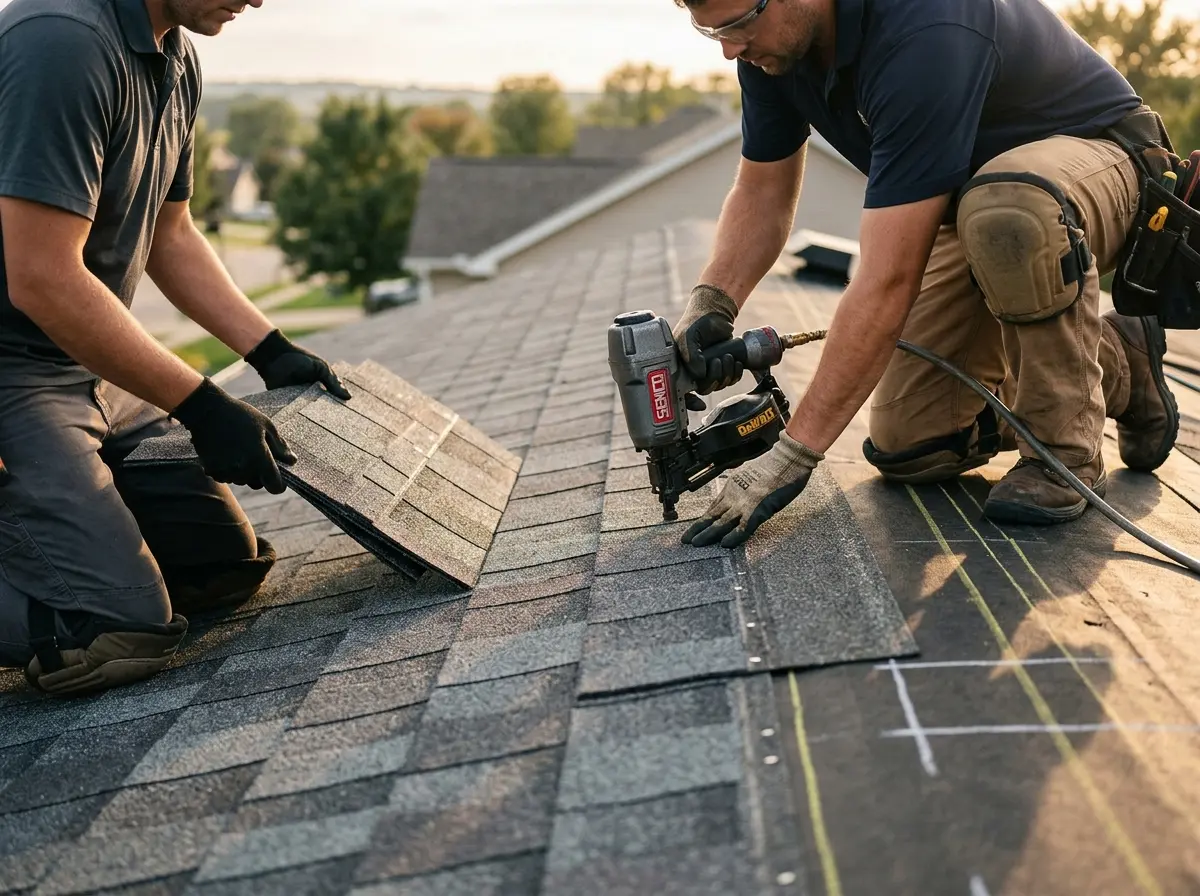 Professional roofer working on a residential roof in Kingsburg